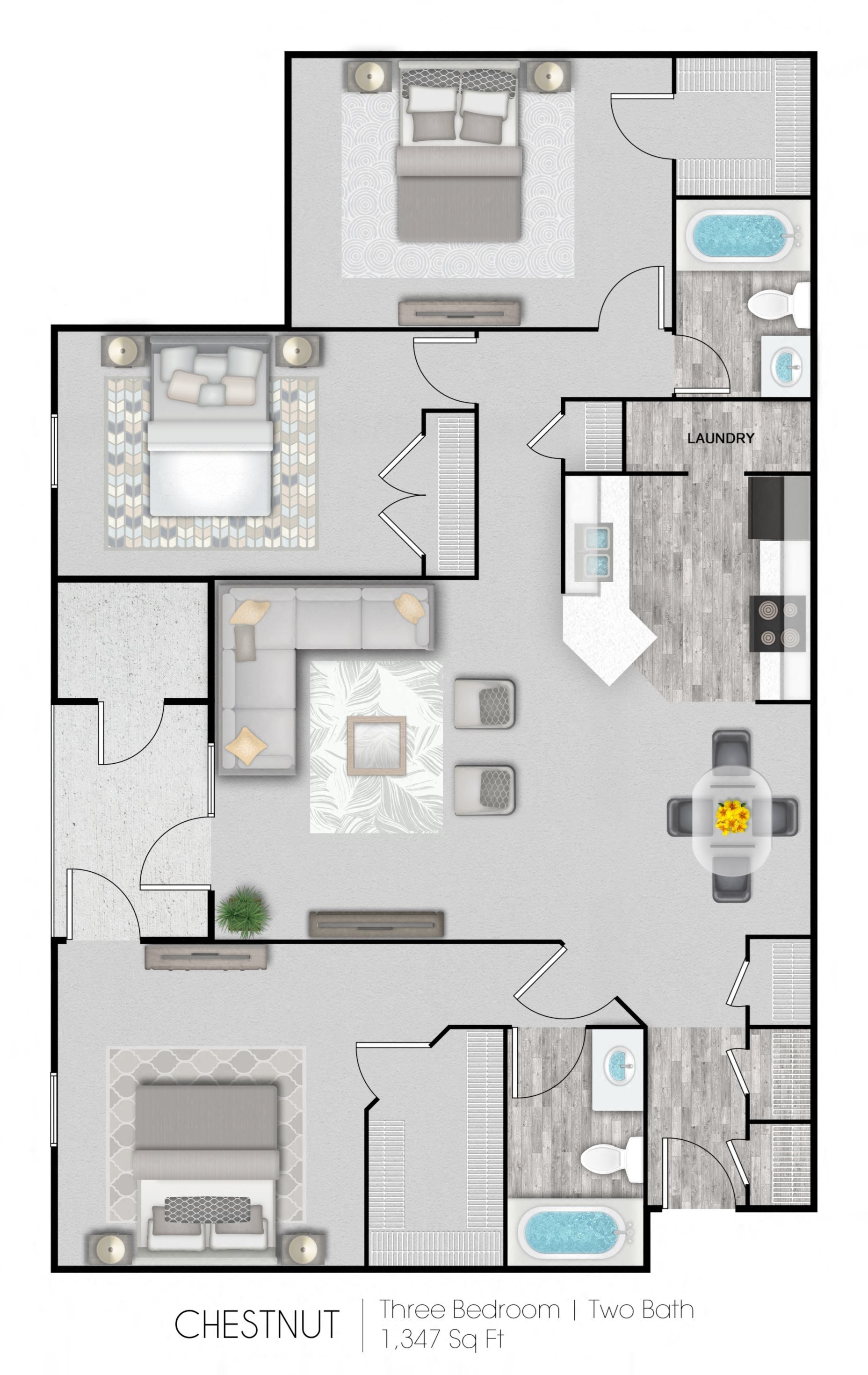 Summer Trace three bedroom & two bathroom floor plan with 1347 square feet called Chestnut in Gulf Shores, AL
